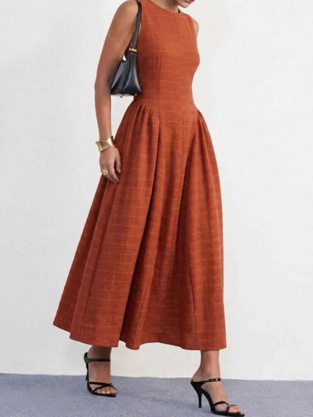 Rust Orange Woven Maxi Dress with Gathered Skirt